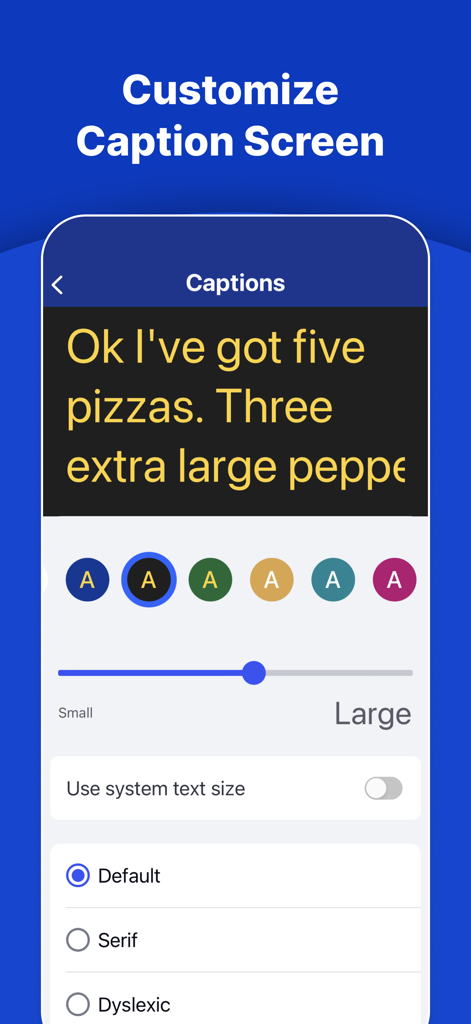 InnoCaption: Call Captioning - Mobile app screen for customizing call caption text size color and font for better accessibility