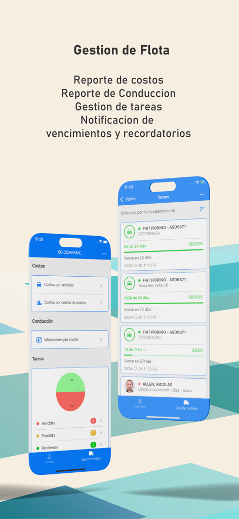 Interfaz de la aplicación Flota Segura que muestra costos de vehículos, infracciones de conducción y listas de gestión de tareas con actualizaciones de estado