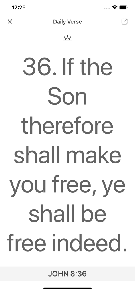 Daily Bible verse John 8:36 displayed in large text within the Bible ProStudy app interface.