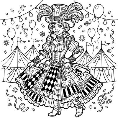 Step right up and bring this magnificent Carnival Queen to life with your favorite colors. Her dazzling attire and the lively circus backdrop promise an exciting artistic adventure.
