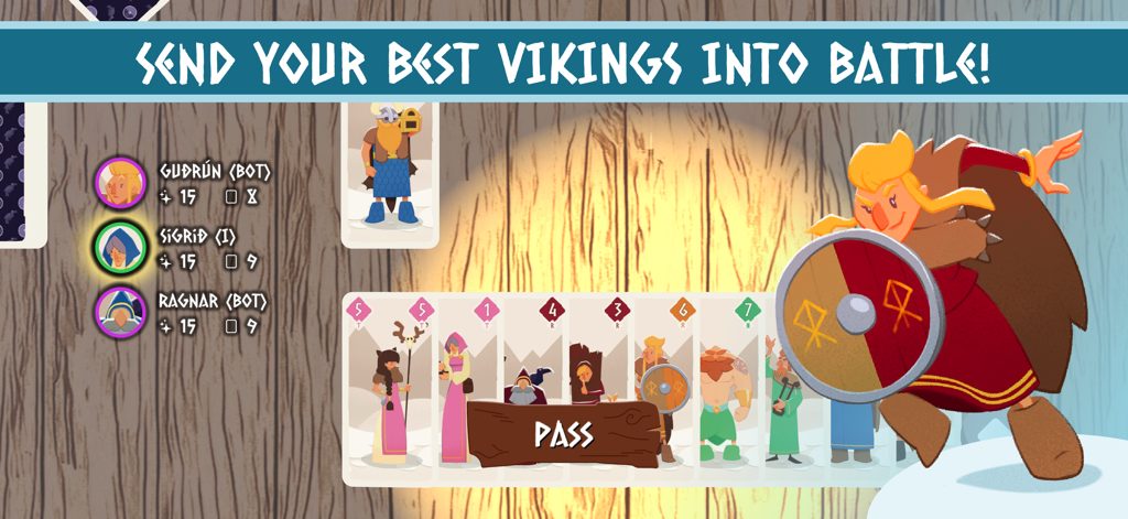 Odin - Helvetiq - Strategisches Wikinger-Kartenspiel-Gameplay mit Kartkombinationen und Charakter-Avataren.