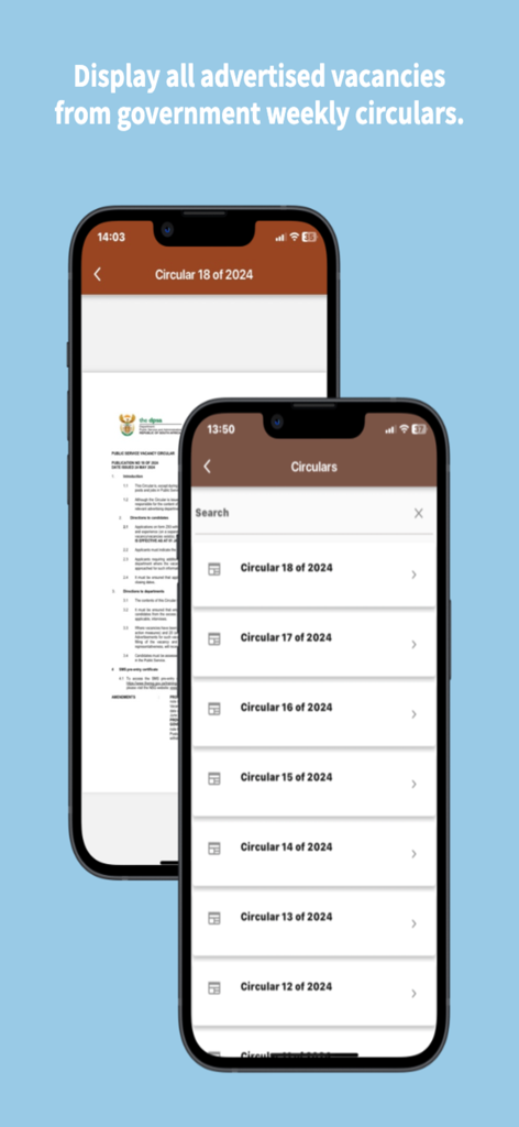 Zapp83 mobile app interface showing government job vacancy circulars.