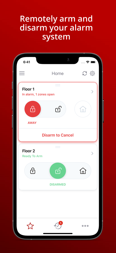 RControl - Interfaz de la aplicación móvil RControl que muestra controles remotos de armado y desarmado para un sistema de seguridad del hogar