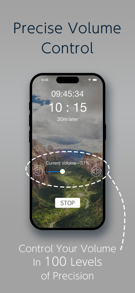 Oberfläche der Kopfhörer-Wecker-App mit präziser Lautstärkeregelung in einhundert Stufen