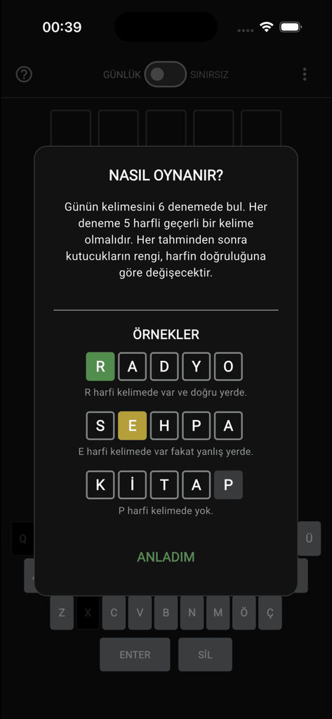 Türkle – Türkçe Wordle - Écran de tutoriel pour l'application Turkle montrant comment jouer au jeu Wordle turc avec des exemples de tuiles codées par couleur.