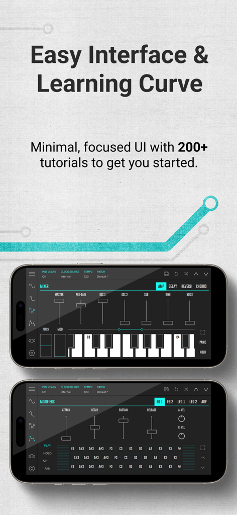 DRC - Polyphonic Synthesizer - DRC Polyphonic Synthesizer mobile app interface showing mixer and modifier controls with clean minimalist design