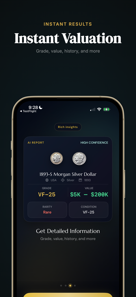 Coin AI - Identifier & Value - Pantalla móvil que muestra un informe de IA para un dólar de plata Morgan de 1893-S con detalles de valoración y calificación