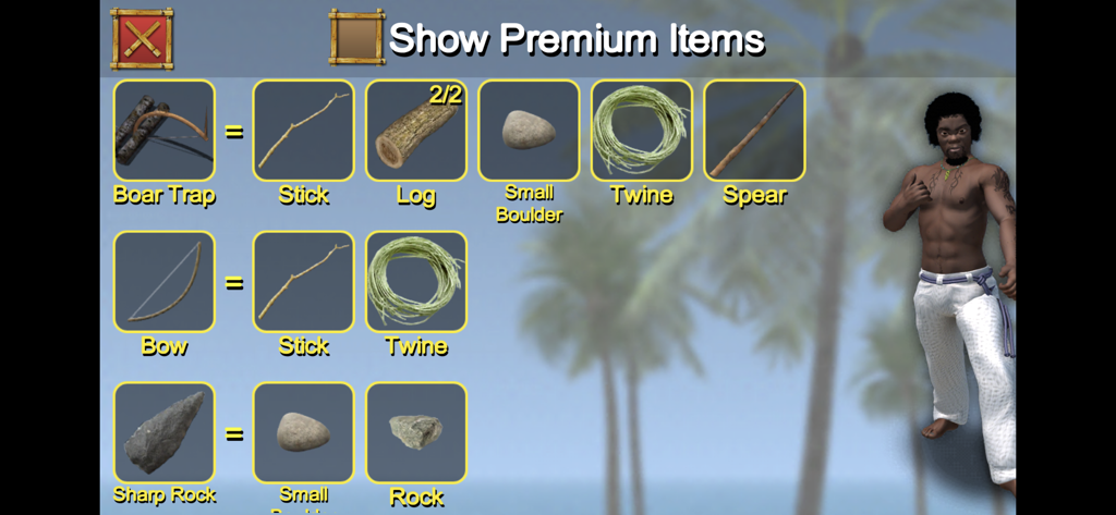 Stranded Without A Phone! - Crafting interface in Stranded Without A Phone showing recipes for survival tools like a boar trap and bow