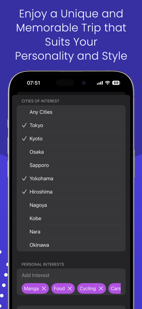 Mobile app screen showing selection of Japanese cities and personal interests like manga and food for travel planning.