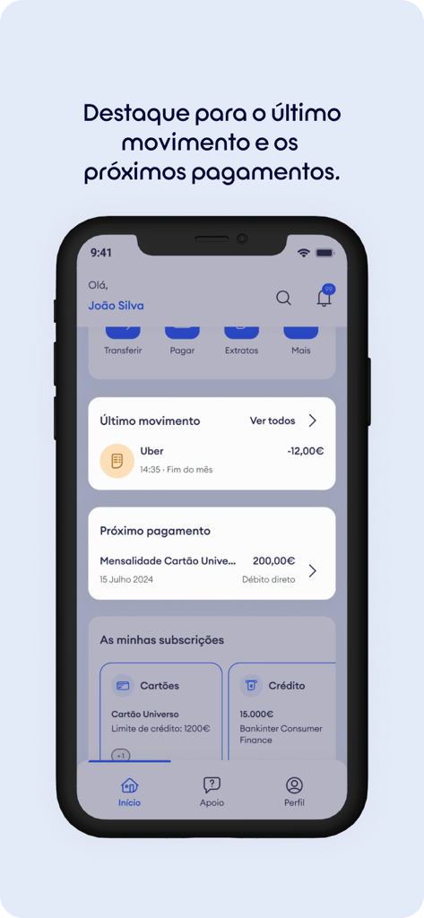 Universo Mobile Banking app home screen showing the last transaction and next payment details