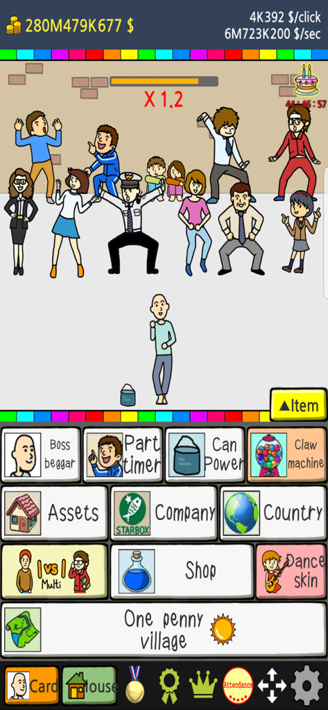 Beggar Life 2 gameplay screenshot showing characters money statistics and game menu options like assets company and country