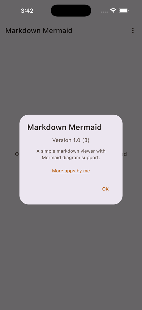Markdown Mermaid app information dialog showing version 1.0 and a short description