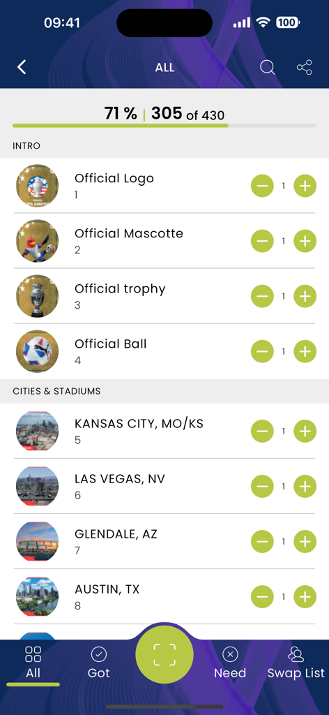 Panini Collectors - Digital sticker checklist in the Panini Collectors app showing progress tracking and collection inventory for sports albums