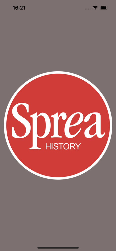 Startbildschirm der Sprea History App mit einem roten kreisförmigen Logo und weißem Text