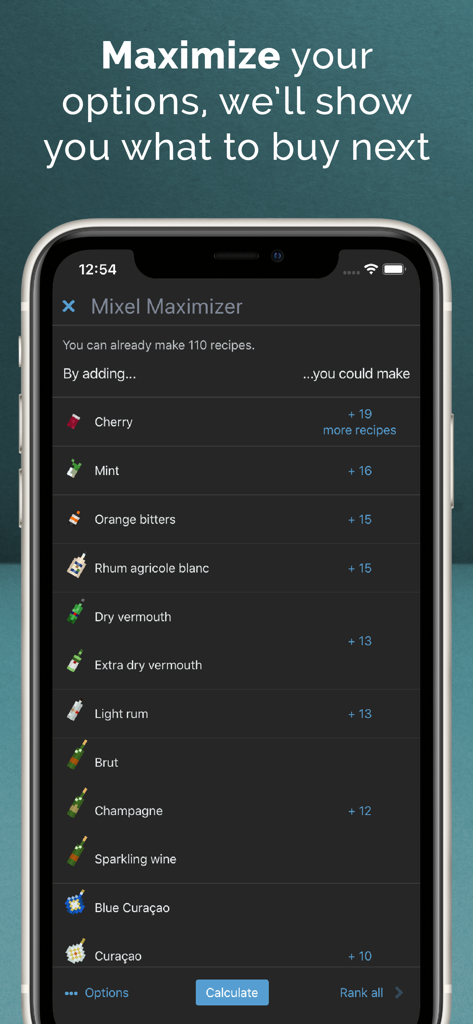 Mixel - Cocktail Recipes - Una interfaz de aplicación móvil llamada Mixel Maximizer que muestra cómo añadir ingredientes específicos como cereza o menta puede desbloquear más recetas de cócteles