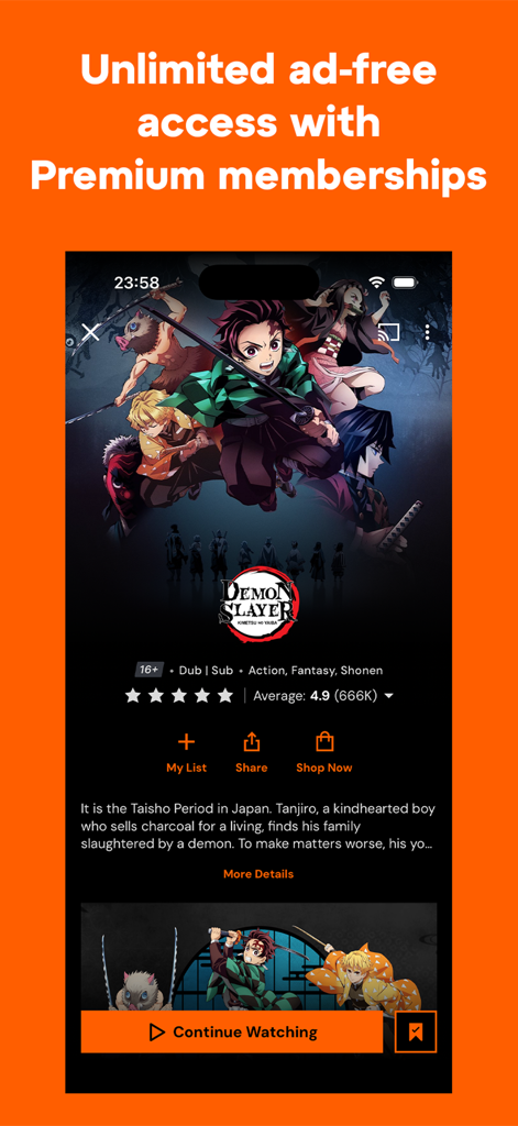 Crunchyroll mobile app interface showing the Demon Slayer series page with a premium membership banner