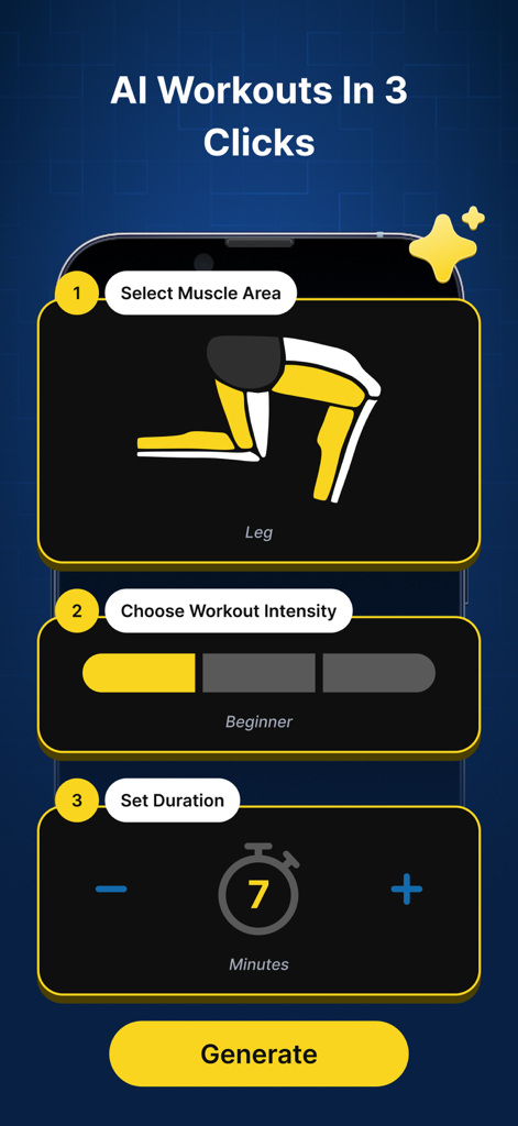 P4P Legify: Leg workout - Interfaz de la aplicación Legify mostrando cómo configurar una rutina de IA en tres clics
