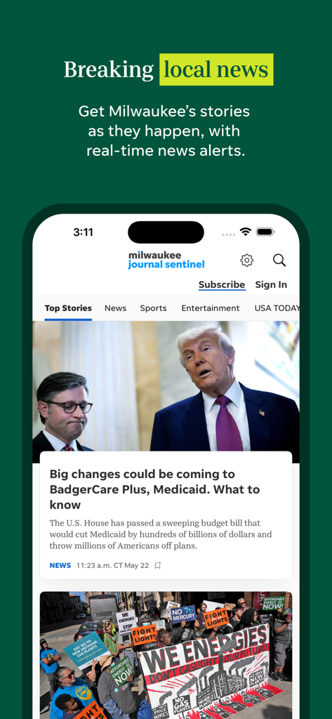 Milwaukee Journal Sentinel - ミルウォーキー・ジャーナル・センティネル アプリのインターフェース。ローカルニュースの見出しとリアルタイムアラートが表示されています。