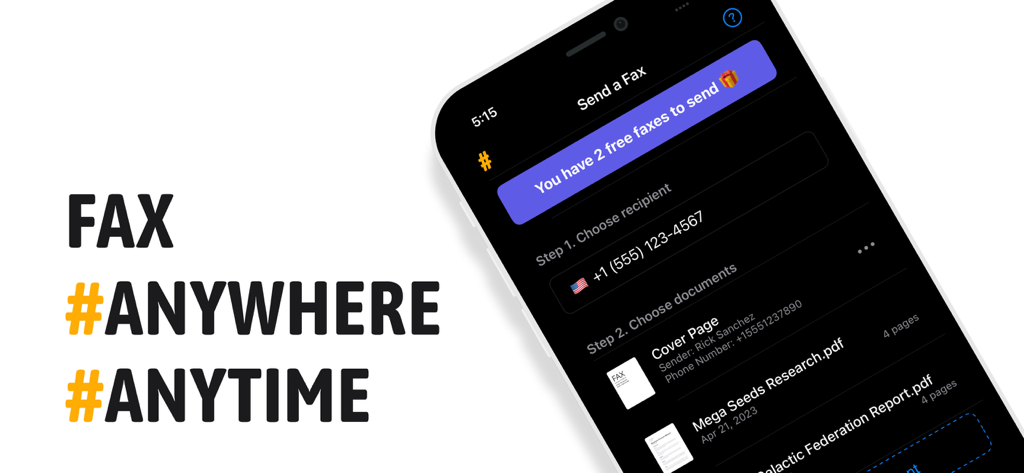 A smartphone displaying the FAX app interface to send documents with the slogan FAX ANYWHERE ANYTIME