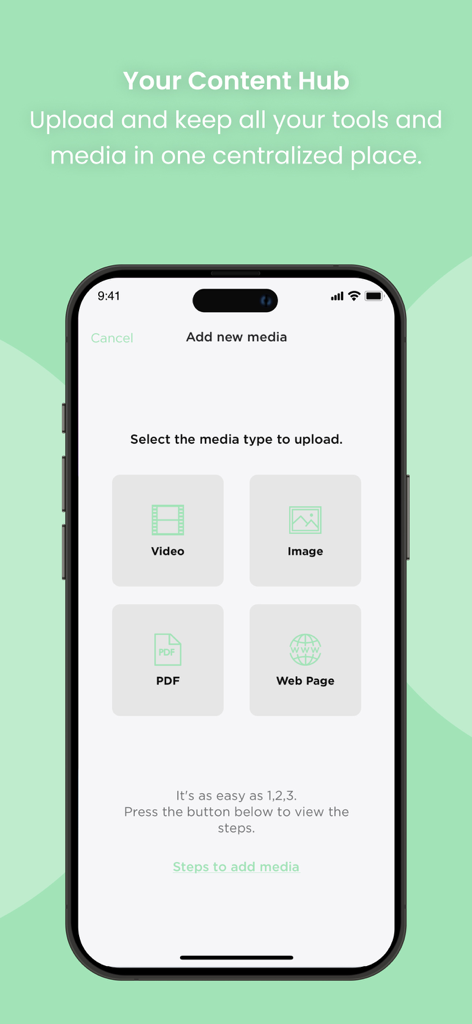 THREE International - Un'interfaccia mobile per l'app Three International che mostra opzioni per caricare media video, immagini, PDF e pagine web.