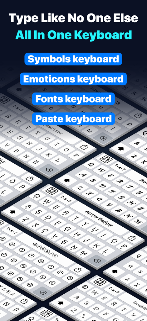 All Symbol Keyboard Fonts Art - A preview of multiple custom font and symbol keyboard styles for social media.