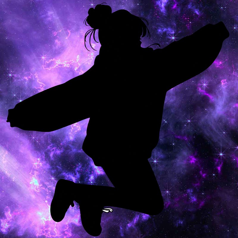 realistic girl jumping with a bun and oversized sweatshirt