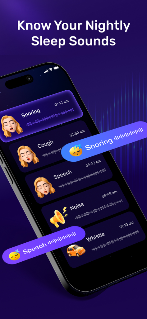 A mobile interface from MySleep app showing a list of recorded nightly sounds including snoring coughing and sleep talking with audio waveforms and timestamps
