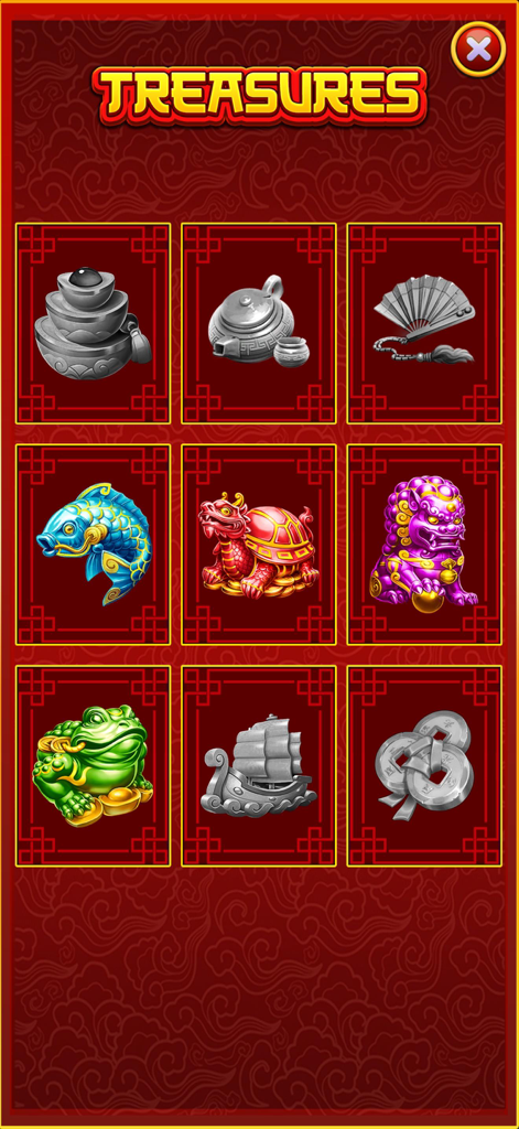 Dragon's Gold Slots - A 3x3 grid of lucky oriental treasure icons including a green frog red turtle and golden dragon motifs in a mobile slot game
