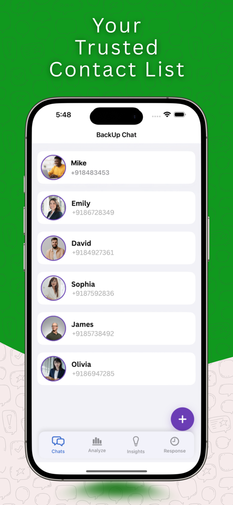 Una interfaz móvil de la aplicación BackUp Chat que muestra una lista de contactos de confianza con fotos de perfil y números de teléfono.