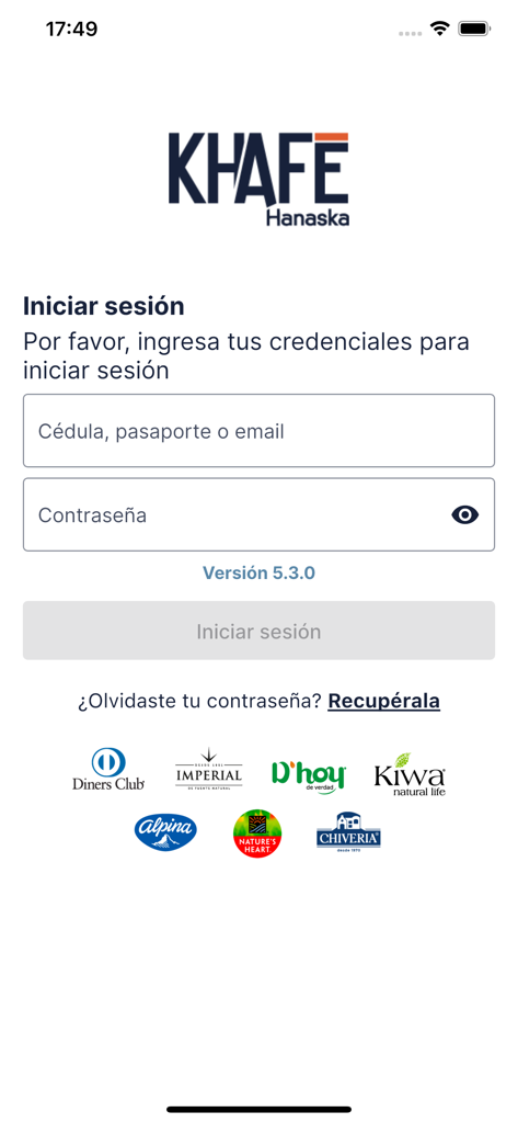 Login page of the Khafe Hanaska mobile app for school meal management