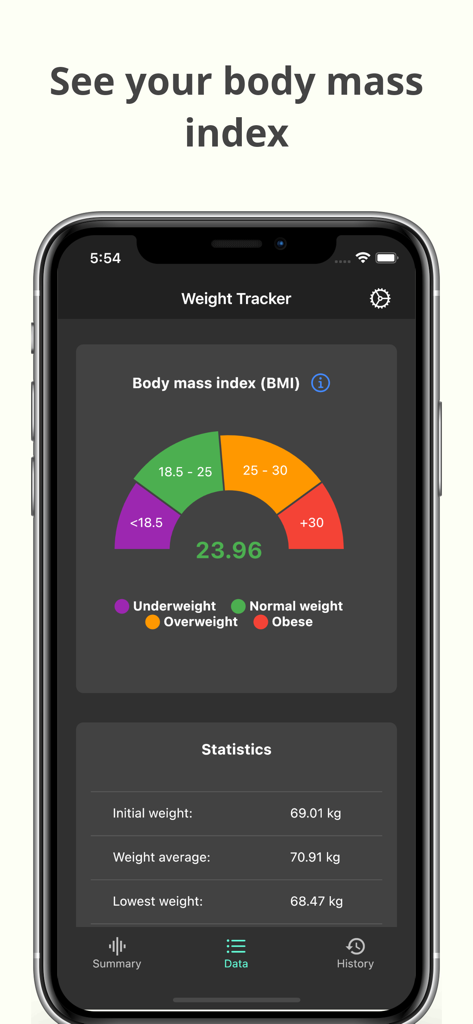 Weight Tracker – Fat loss - Pantalla de smartphone de la aplicación Rastreador de Peso que muestra un medidor de Índice de Masa Corporal y un resumen de estadísticas de peso.