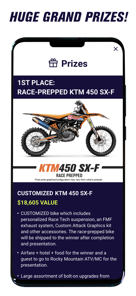 RMFantasy app grand prize screen featuring a race-prepped KTM 450 SX-F dirt bike