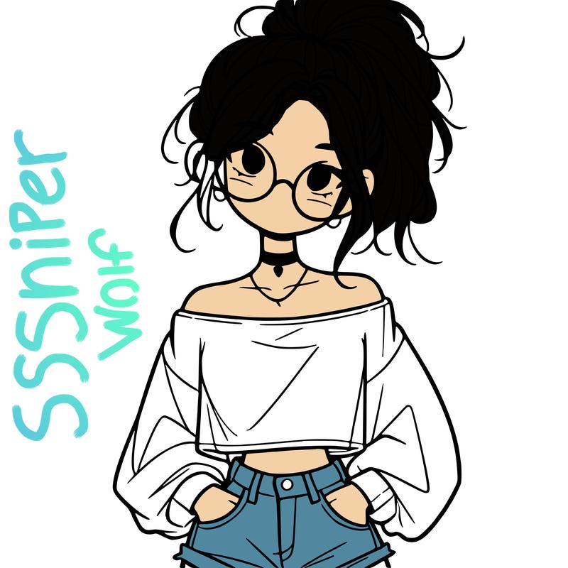 girl with a messy ponytail glasses a baggy crop top and jean shorts