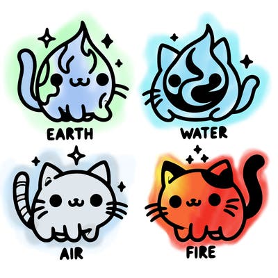 4 cats that represent the different elements, earth, water, air, and fire