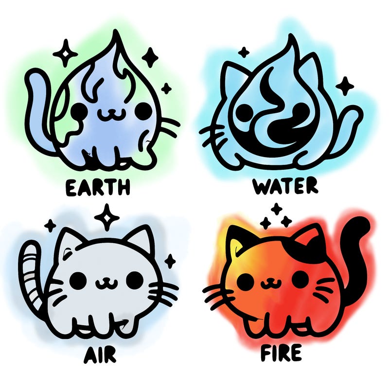 4 cats that represent the different elements, earth, water, air, and fire