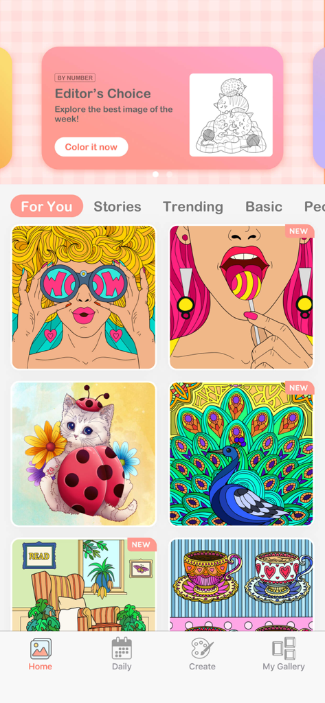 Color Fever - Color by Number - The home screen of the Color Fever app showing various colorful digital coloring pages and the Editor Choice banner.
