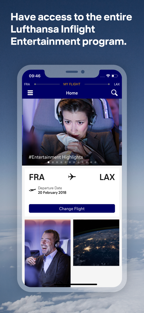 LH Entertainment app home screen showing flight details and movie highlights