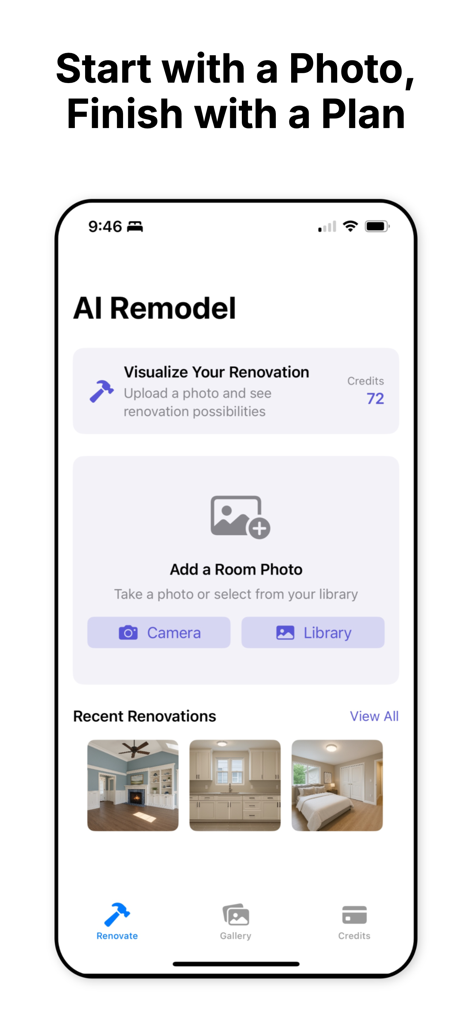 AI Remodel: Home Renovation - The main screen of the AI Remodel app showing buttons to upload a room photo from the camera or library for AI renovation visualization