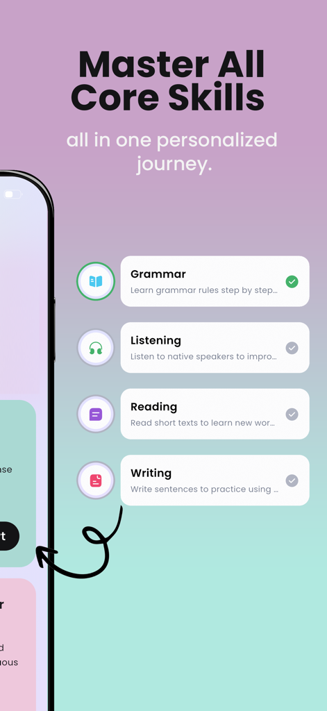 Interfaccia dell'app Enverson AI che mostra moduli di apprendimento personalizzati per le competenze di ascolto, lettura e scrittura della grammatica