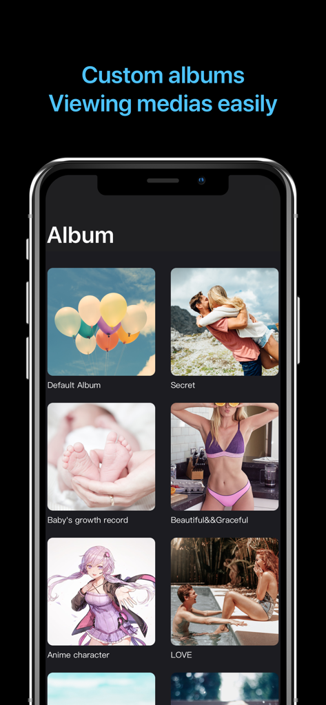 PhotoVault - Keep Photos Safe - A secure mobile app interface showing various private photo albums for organization.
