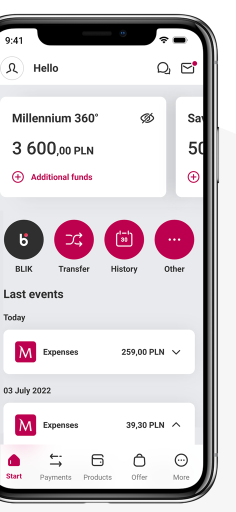 Bank Millennium - The home screen of the Bank Millennium mobile app displaying a PLN account balance and quick transfer buttons