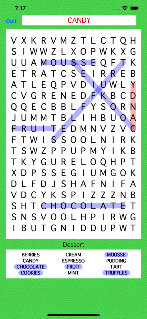 Food Word Search - Food Word Search puzzle showing dessert words in a grid