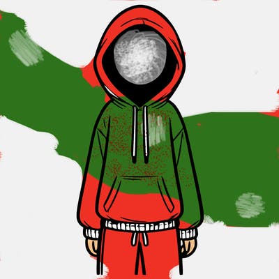 faceless girl in a tracksuit with a hood on and no hair