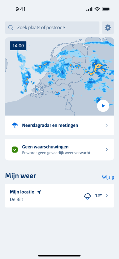 KNMI Weer app dashboard showing precipitation radar map of the Netherlands and local weather for De Bilt.
