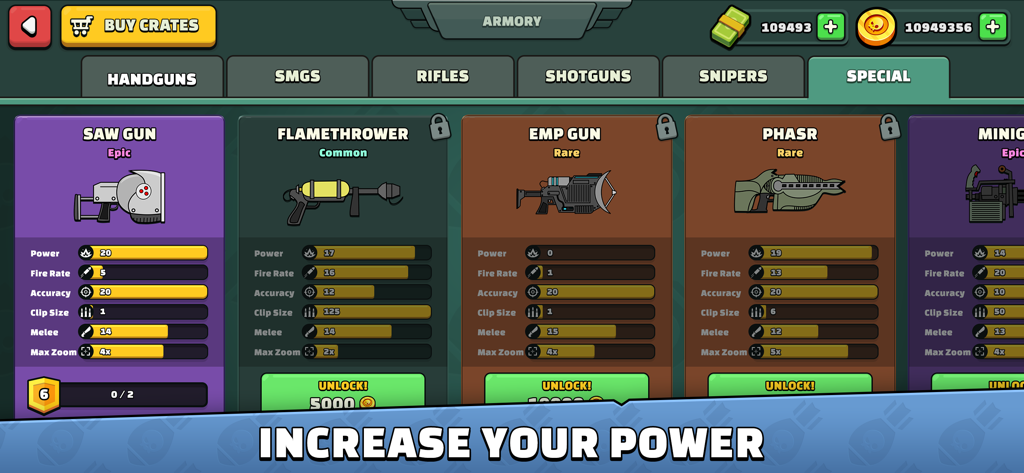 Mini Militia Doodle Army 2の武器庫メニュー。特殊武器とそのステータスが表示されている。