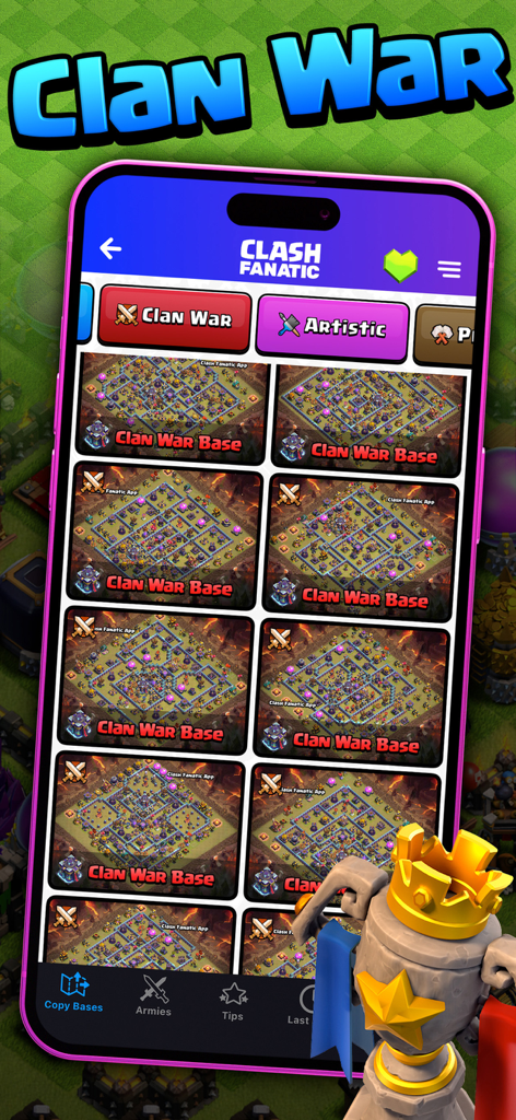Diseños de bases para guerra de clanes en la aplicación complementaria CoC Fanatic para Clash of Clans
