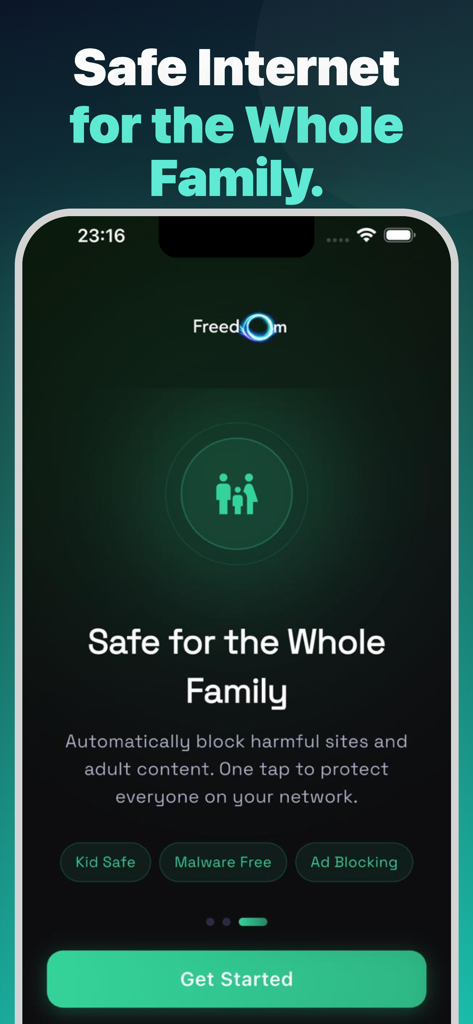 Freedom DNS - Fast & Secure - Interfaz de la aplicación Freedom DNS que muestra protección familiar y funciones de navegación segura