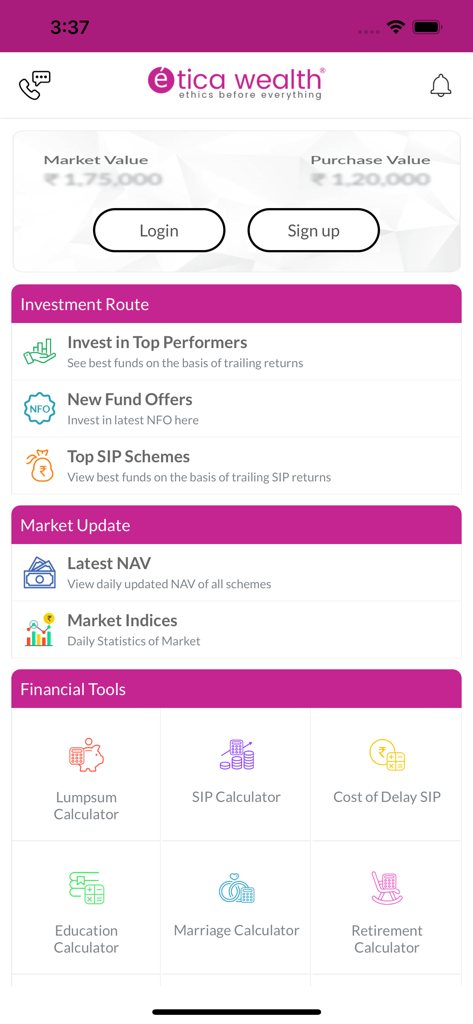 Panel de la aplicación móvil Etica Wealth mostrando opciones de inversión y calculadoras financieras