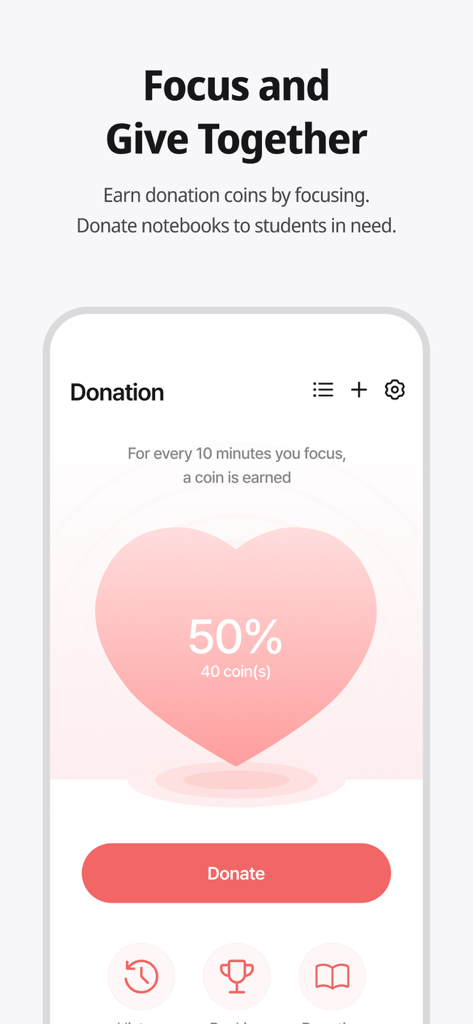 Dote Timer app screen showing the donation feature where users can earn coins by focusing and donate them to students in need.