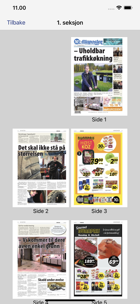 Altaposten eAvis - Réplica digital do jornal Altaposten mostrando miniaturas das páginas das secções